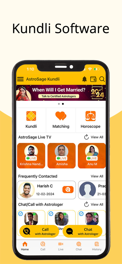 Mobile app interface of AstroSage Kundli showing features like Kundli Matching, Horoscope, and live consultation options with astrologers.