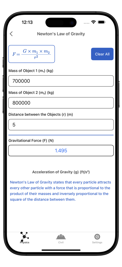 My Physics Calculator - My Physics Calculator app interface showing the Newton's Law of Gravity formula and calculation fields for mass and distance.