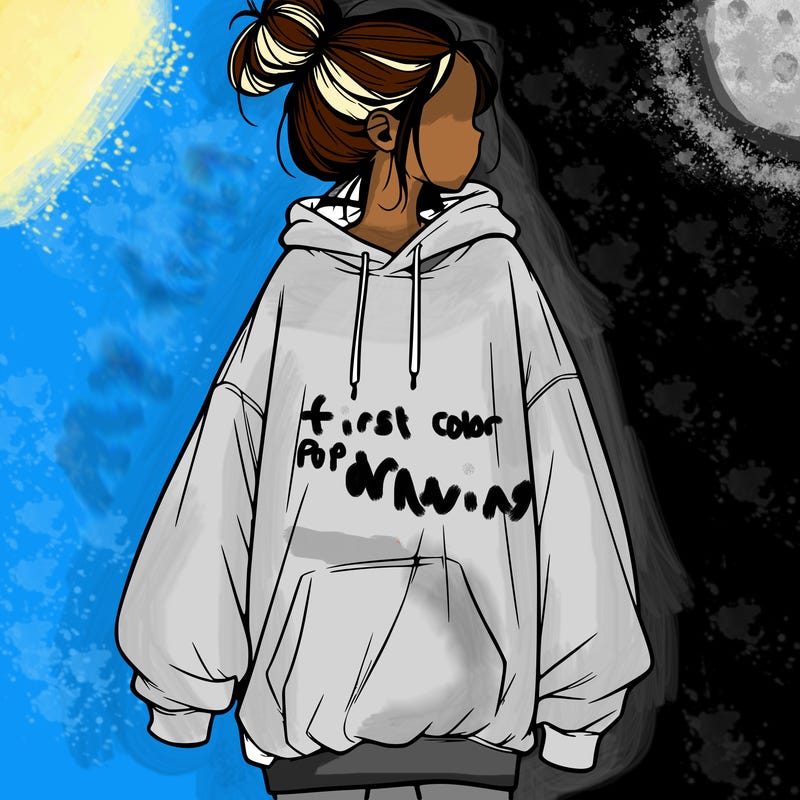realistic girl with a oversized sweatshirt on and a bun