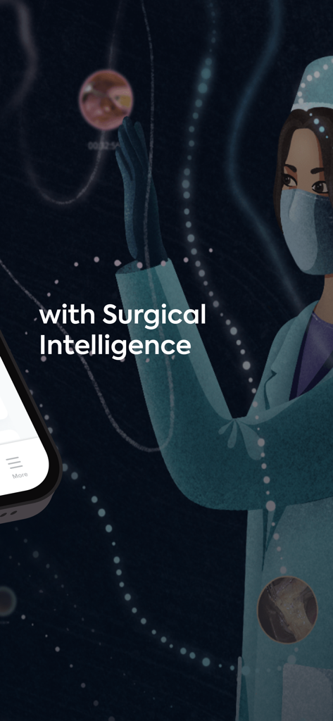 Theator Surgical Intelligence - An illustration of a surgeon in protective gear surrounded by data points and the text with Surgical Intelligence
