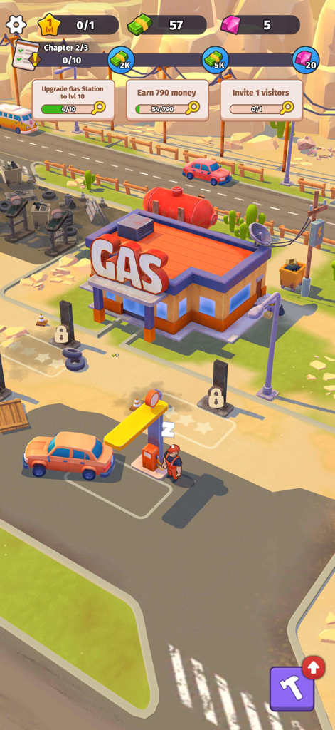 Gameplay of Roadside Empire showing a gas station building with a car refueling at a pump