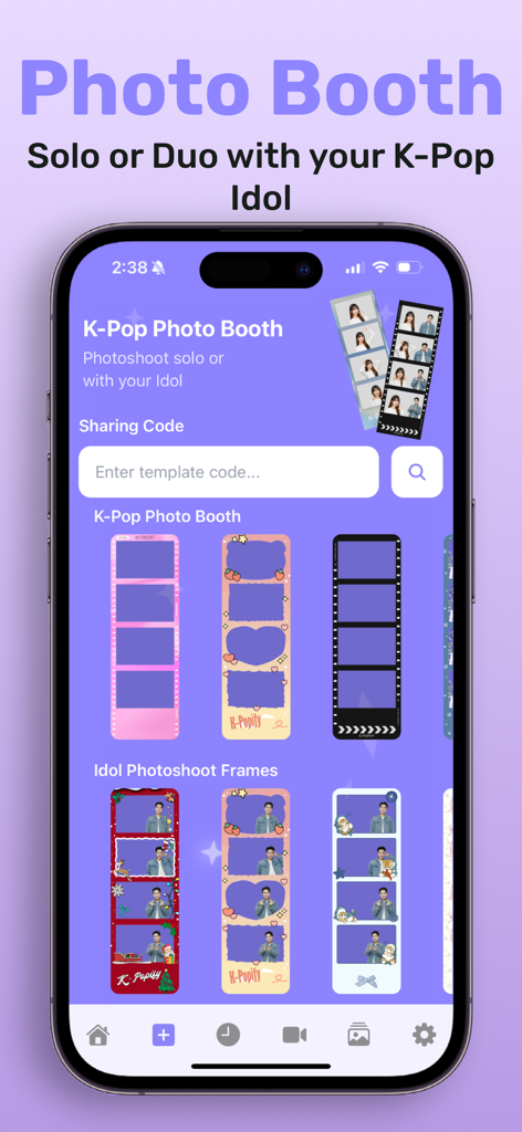 K-Popify: K-Pop Photo Studio - Interface do aplicativo K-Popify mostrando molduras de cabine fotográfica e modelos para ensaios fotográficos de ídolos K-pop