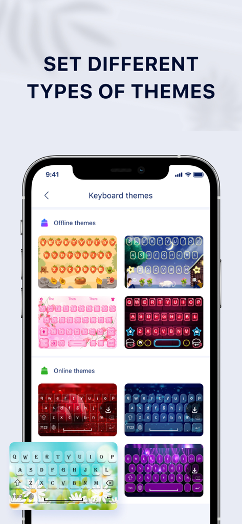 My Photo Background Keyboard - Una pantalla de smartphone que muestra una galería de temas de teclado diversos y estéticos, incluyendo diseños florales, de naturaleza y coloridos.