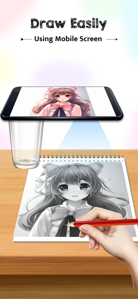 Una persona trazando un personaje de anime desde la pantalla de un teléfono en un cuaderno usando una aplicación de dibujo AR