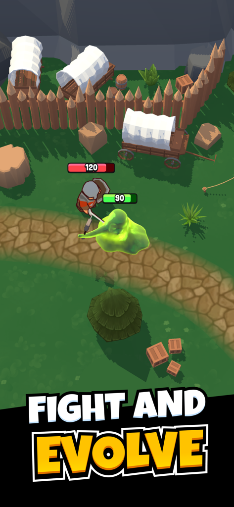 Una criatura de baba verde en combate con un guardia medieval cerca de carros de madera con un texto superpuesto que dice Lucha y Evoluciona