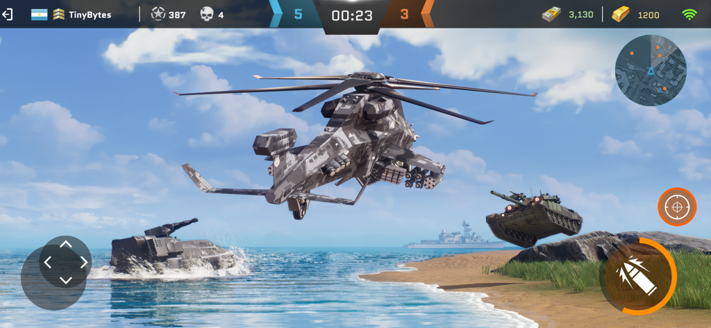 Military helicopter, tank, and hovercraft engaging in a sea and air battle on a coastal map.
