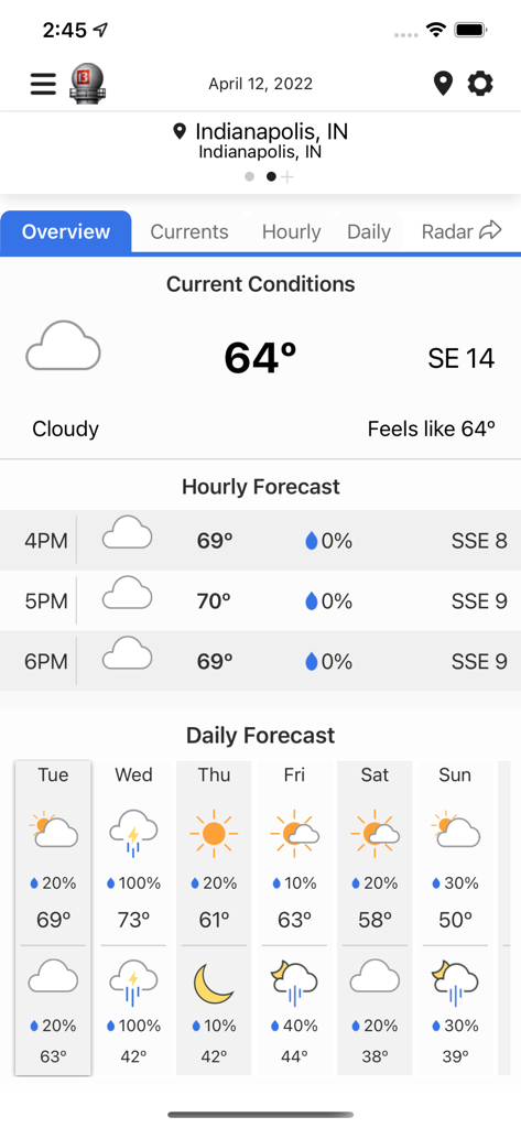 WTHR Live Doppler 13 Weatherアプリの画面、インディアナポリス、インディアナ州の現在の気温と予報が表示されています