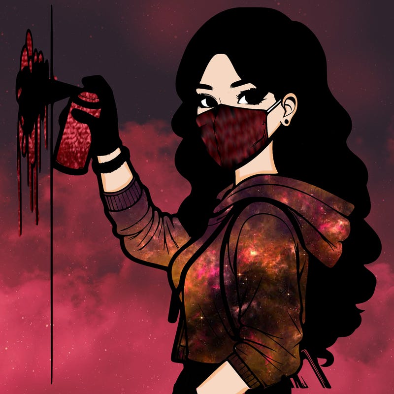 realistic girl with mask spray painting a wall