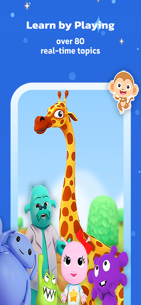 Galaxy Kids - Learning English - Bunte animierte Figuren aus der Galaxy Kids Englischlern-App, die das Lernen durch Spielen mit über 80 Themen veranschaulichen