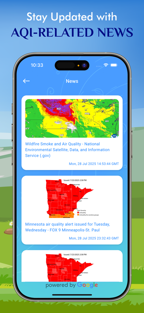 Pantalla de aplicación móvil que muestra noticias sobre la calidad del aire en tiempo real y mapas de alertas de humo de incendios forestales.