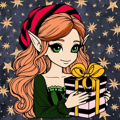 realistic girl with elf ears with a gift box
