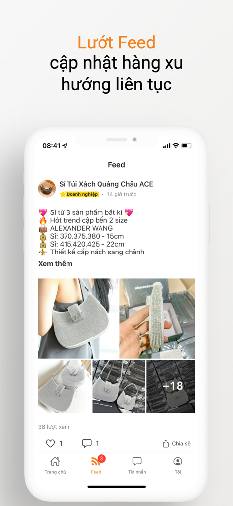 Mobile app feed showing trending wholesale handbag listings on Thitruongsi B2B marketplace