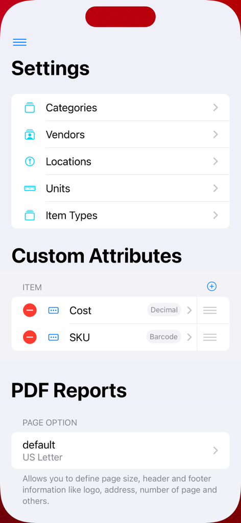 Asset Tracker for Business - Einstellungsbildschirm der Asset Tracker for Business App, der benutzerdefinierte Attribute für Kosten und SKU sowie Optionen zur PDF-Berichtskonfiguration anzeigt.