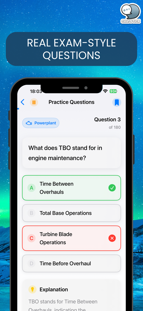 FAA A&P PowerPrep Übungsfragenseite, die eine Multiple-Choice-Frage aus der Kategorie Triebwerk mit Erklärung zeigt