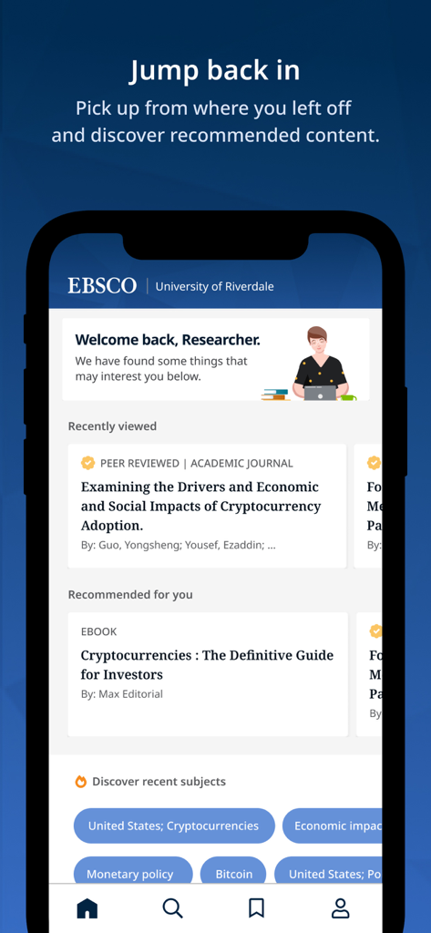 EBSCO Mobile - EBSCO Mobile app interface showing recently viewed peer reviewed journals and recommended eBooks for research.