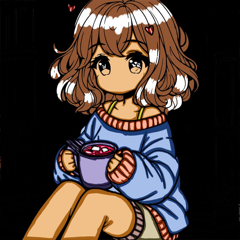 cute anime girl reading book and drinking hot chocolate from mug with loose wavy hair wearing a baggy sweatshirt and shorts sitting by windowsill looking out