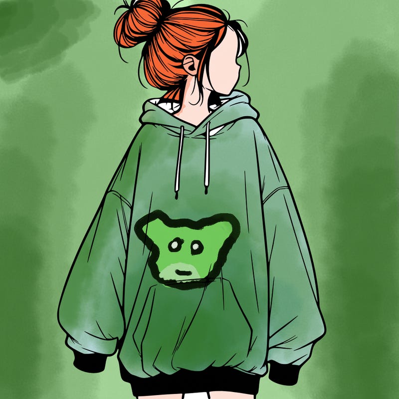 realistic girl with a oversized sweatshirt on and a bun