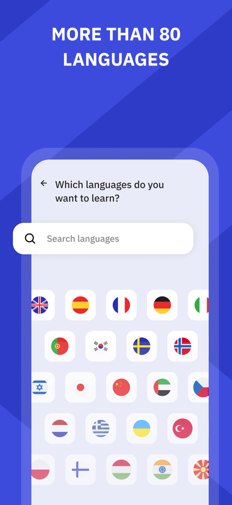 Talkpal - AI Language Learning - Pantalla de la aplicación Talkpal que muestra una barra de búsqueda y varias banderas de países para la selección de idiomas