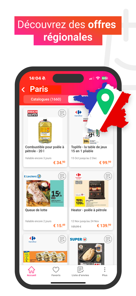 Écran de l'application mobile montrant des offres d'achat régionales et des catalogues pour Paris.