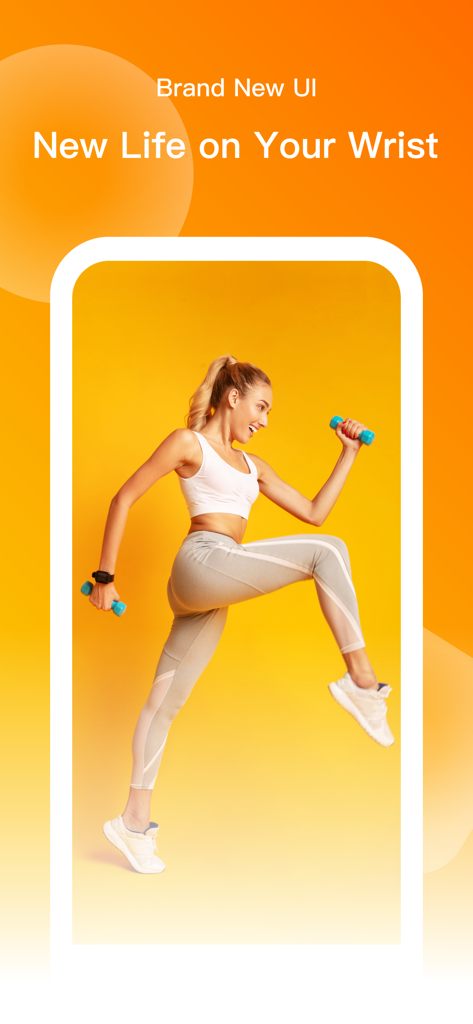 A woman exercising with dumbbells on an orange background promoting the SMART-TIME PRO brand new UI
