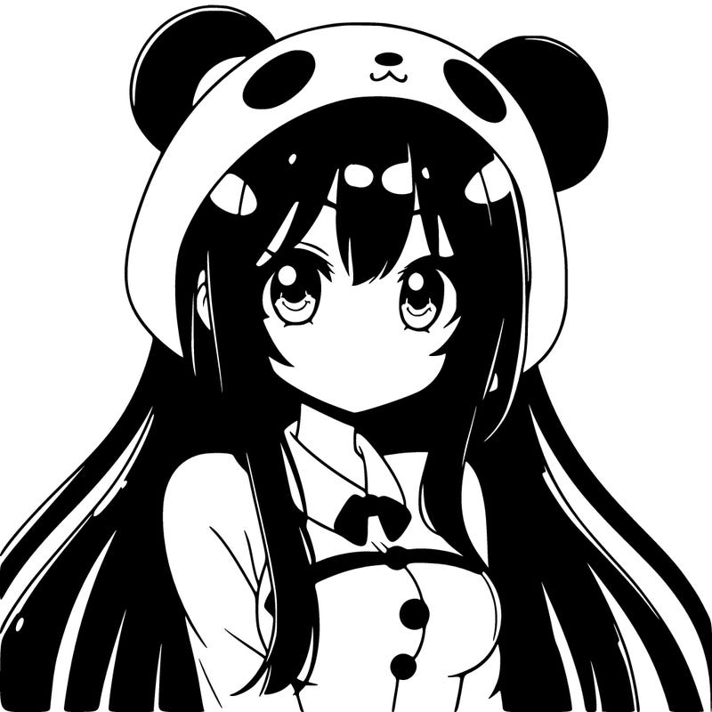 cute anime girl with black straight hair a panda suit with panda ears