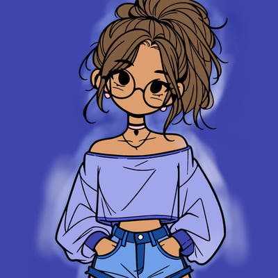 girl with a messy ponytail glasses a baggy crop top and jean shorts