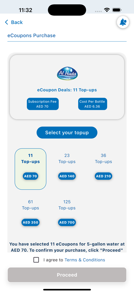 AL HUDA WATER - Al Huda Water app screen for purchasing eCoupon top-ups for water delivery.