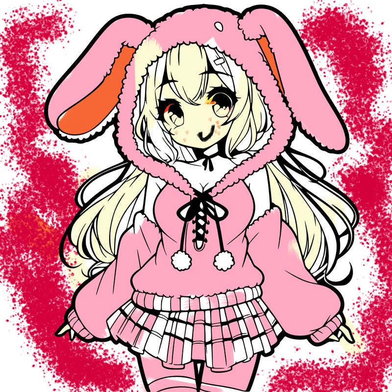 pretty anime girl wearing a fluffy hoodie with bunny ears on the hood and a skirt