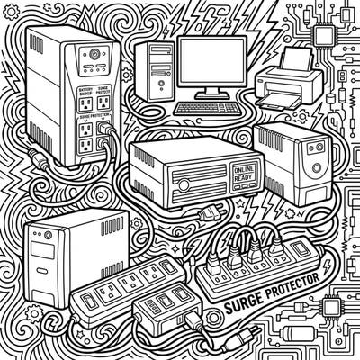 Dive into the essential world of electronics protection with this intricate coloring page featuring UPS and surge protectors. This detailed linear art design offers a unique blend of education and relaxation for tech enthusiasts of all ages.