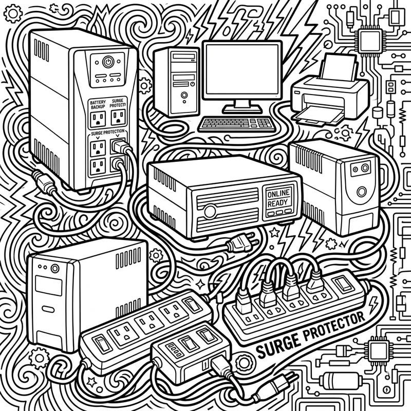 Dive into the essential world of electronics protection with this intricate coloring page featuring UPS and surge protectors. This detailed linear art design offers a unique blend of education and relaxation for tech enthusiasts of all ages.