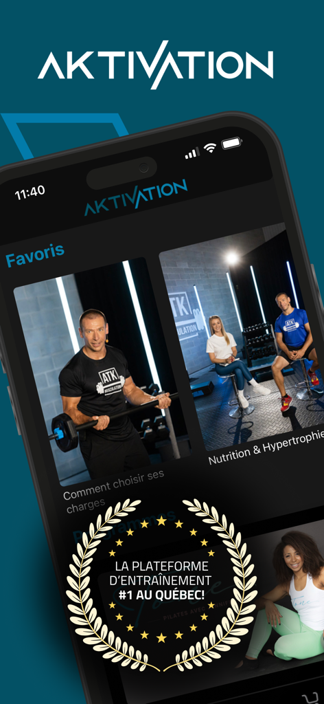 Affichage sur smartphone de l'application Aktivation avec divers programmes d'entraînement de fitness français