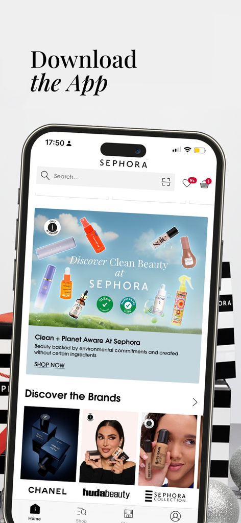 Sephora UAE: Beauty & Makeup - Sephora UAE app home screen featuring clean beauty products and premium makeup brands including Chanel and Huda Beauty