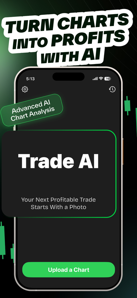 Trade AIアプリのホーム画面、「AIでチャートを利益に変えよう」というスローガンと、トレーディングチャートをアップロードするボタンが表示されています。