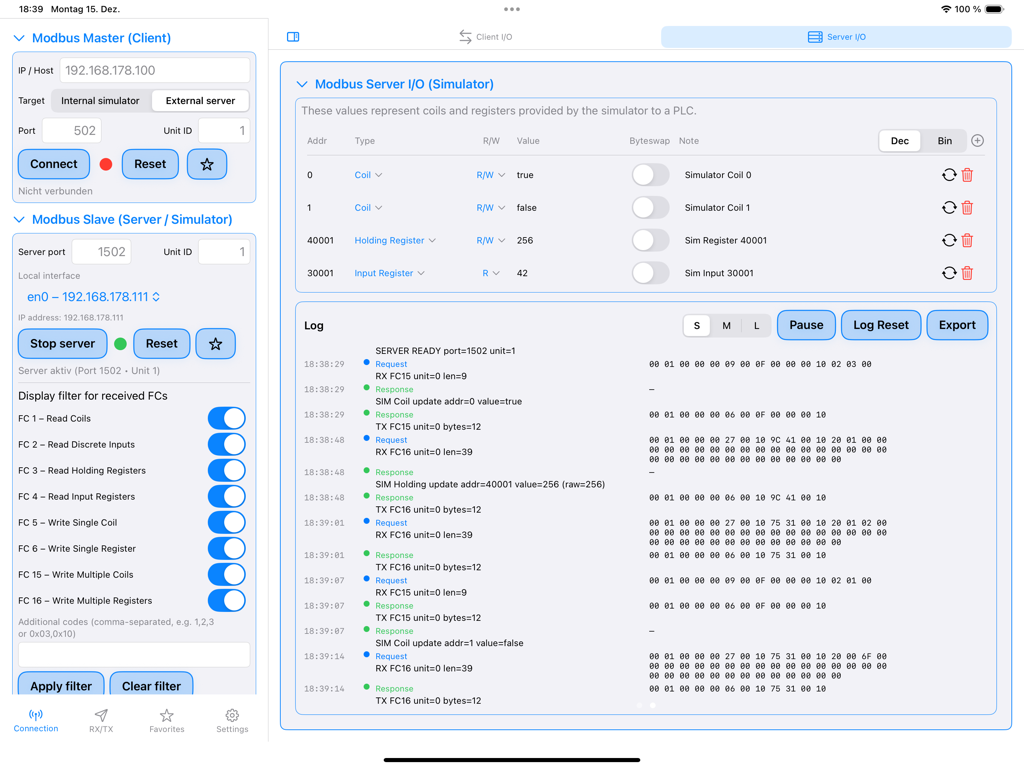 JCH Modbus Studio - iPad interface of JCH Modbus Studio showing the server simulator configuration and detailed communication logs