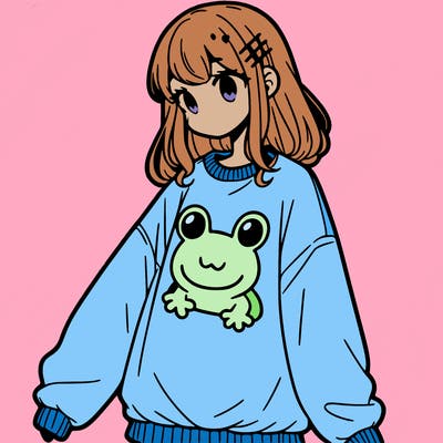girl wearing frogging sweatshirt