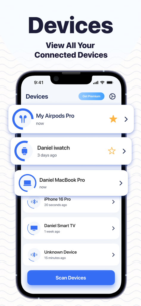 Find My Airbuds Device Finder - Screenshot of the Find My Airbuds app showing a list of connected Bluetooth devices including AirPods and smartwatches