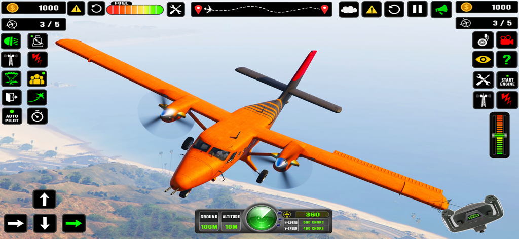 Flight Simulator: Pilot Game - An orange propeller plane flying over a coastal landscape in Flight Simulator Pilot Game