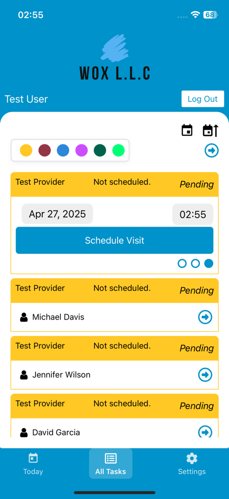 wowo - WOX - Mobile App-Oberfläche von wowo WOX, die eine Liste ausstehender Aufgaben und Optionen zur Planung von Besuchen anzeigt.