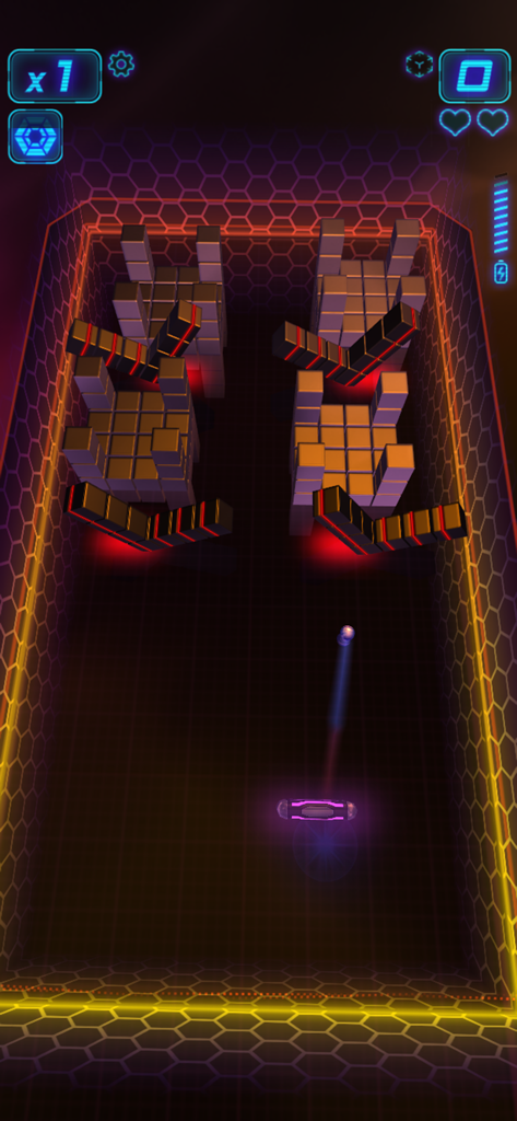 Micro Breaker - Micro Breaker mobile game showing 3D neon brick breaking action with a glowing paddle.