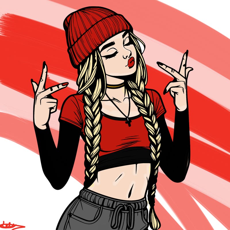 realistic teenage girl with braids and a beanie and crop top doing 🫶🏼