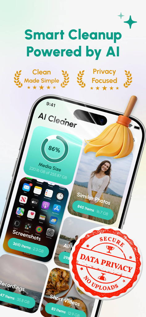 AI Cleaner app interface showing storage analysis and smart cleanup features with a data privacy stamp