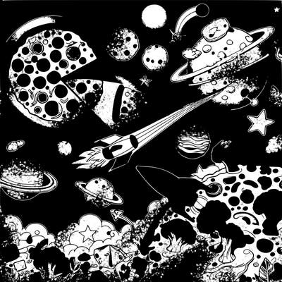 in this whimsical coloring page, embark on a journey to a galaxy where pizzas roam the cosmos! picture a vast expanse of starry space, dotted with celestial toppings like pepperoni planets, cheese comets, and olive asteroids. in the center, a giant pizza slice spaceship cruises through the galaxy, manned by a crew of adventurous toppings.

the scene is filled with quirky details: imagine cheese constellations twinkling in the distance, broccoli forests growing on distant moons, and sausage rings encircling gas giants. floating among the stars are pizza slices with rocket boosters, zipping around like intergalactic delivery drones.

your mission as the colorist is to bring this cosmic pizza party to life! use vibrant colors to paint the universe in your own unique style. will you opt for a classic pepperoni palette or get creative with rainbow-hued toppings? the choice is yours as you sprinkle your imagination across this cosmic canvas.