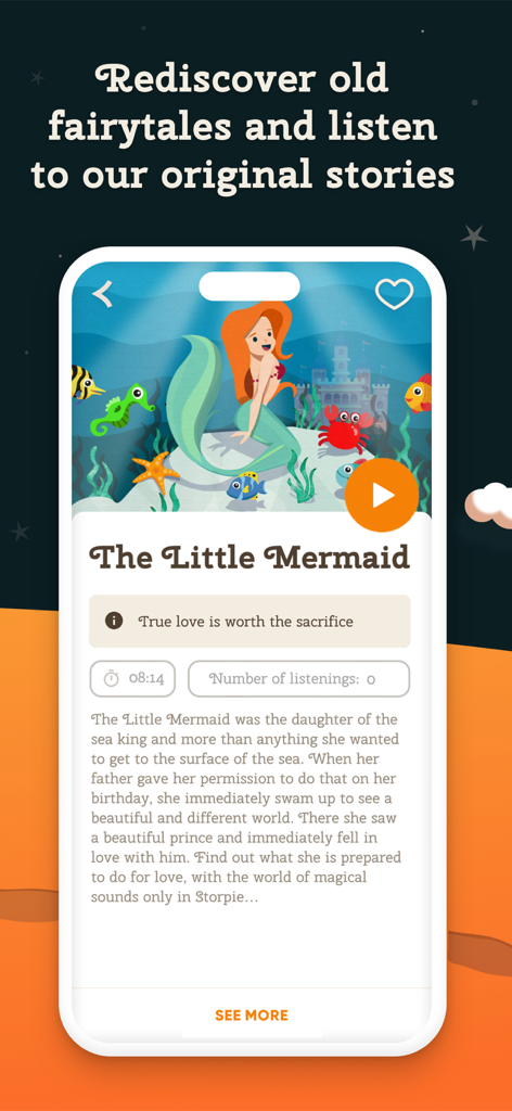 Storiezzz: Kids Fairy Tales - Pantalla de la aplicación Storiezzz que muestra el cuento de hadas de audio La Sirenita con una colorida ilustración submarina y un botón de reproducción