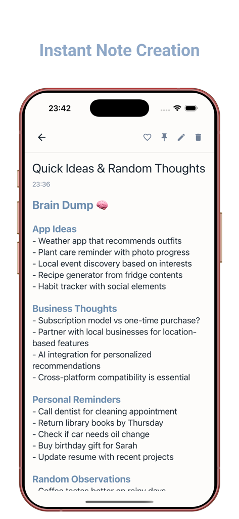 Notes - Notepad, Notebook - A minimalist notepad app interface showing a list of quick ideas and personal reminders on an iPhone