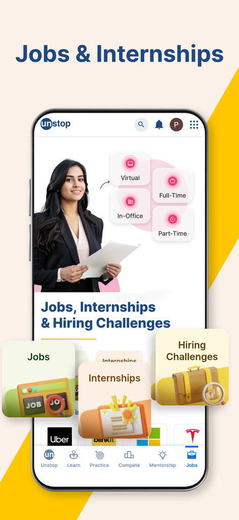 Unstop - Unstop app interface showcasing job and internship opportunities and hiring challenges for early talent