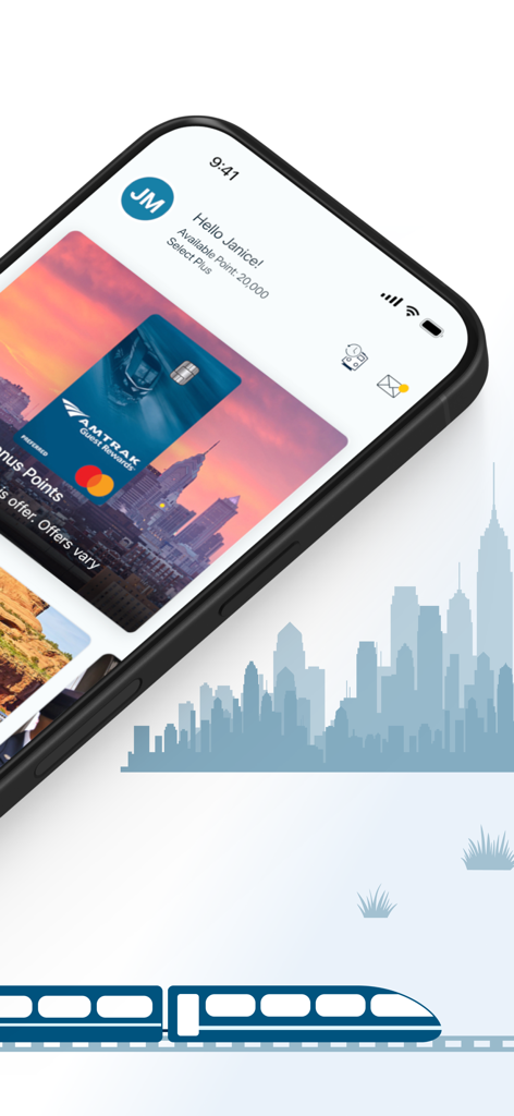 Amtrak mobile app home screen showing user Guest Rewards points and membership status