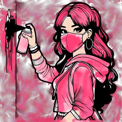 realistic girl with mask spray painting a wall