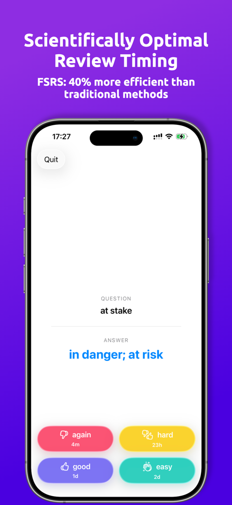 Simple Anki - Interfaz de la aplicación Simple Anki que muestra una tarjeta de memoria para at stake con opciones de estudio de repetición espaciada