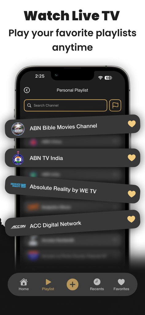 Smart IPTV Player App-Bildschirm, der eine Live-TV-Kanal-Playlist mit Suche und Favoriten anzeigt