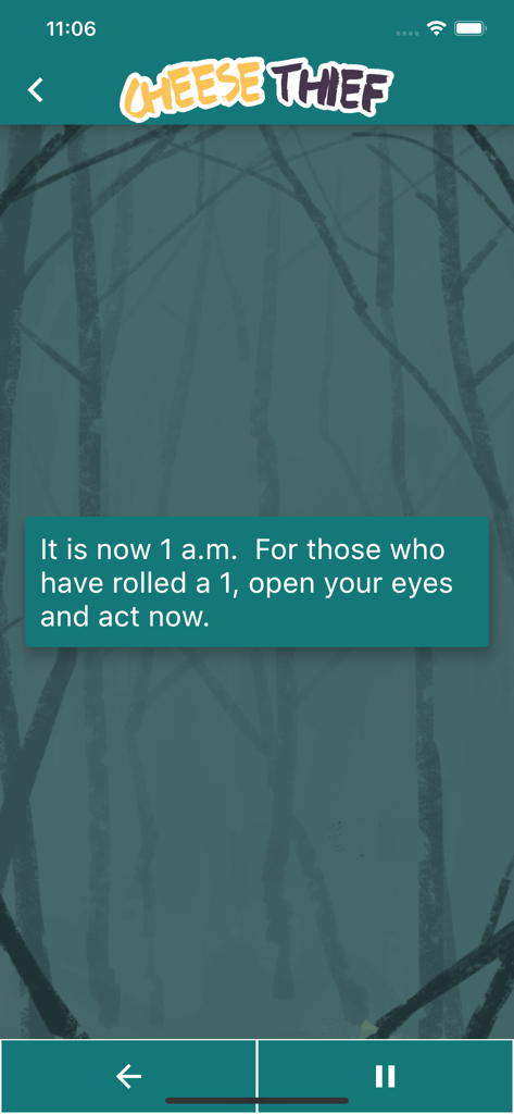 Cheese Thief Moderator - Interfaz de la aplicación Cheese Thief Moderator mostrando instrucciones de turno para los jugadores.